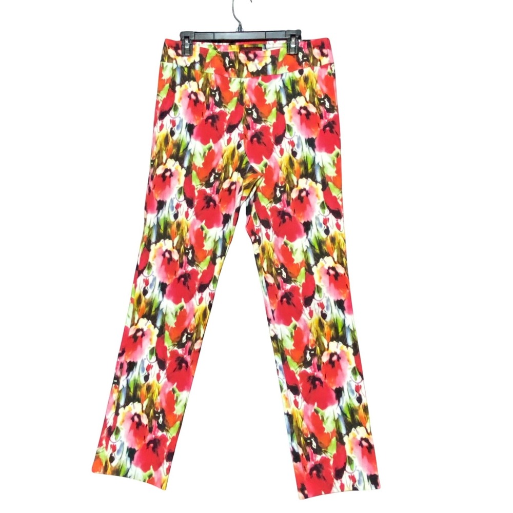 Krazy Larry Floral Poppy Print Pull On Ankle Pants Multicolor Red Green Size 14